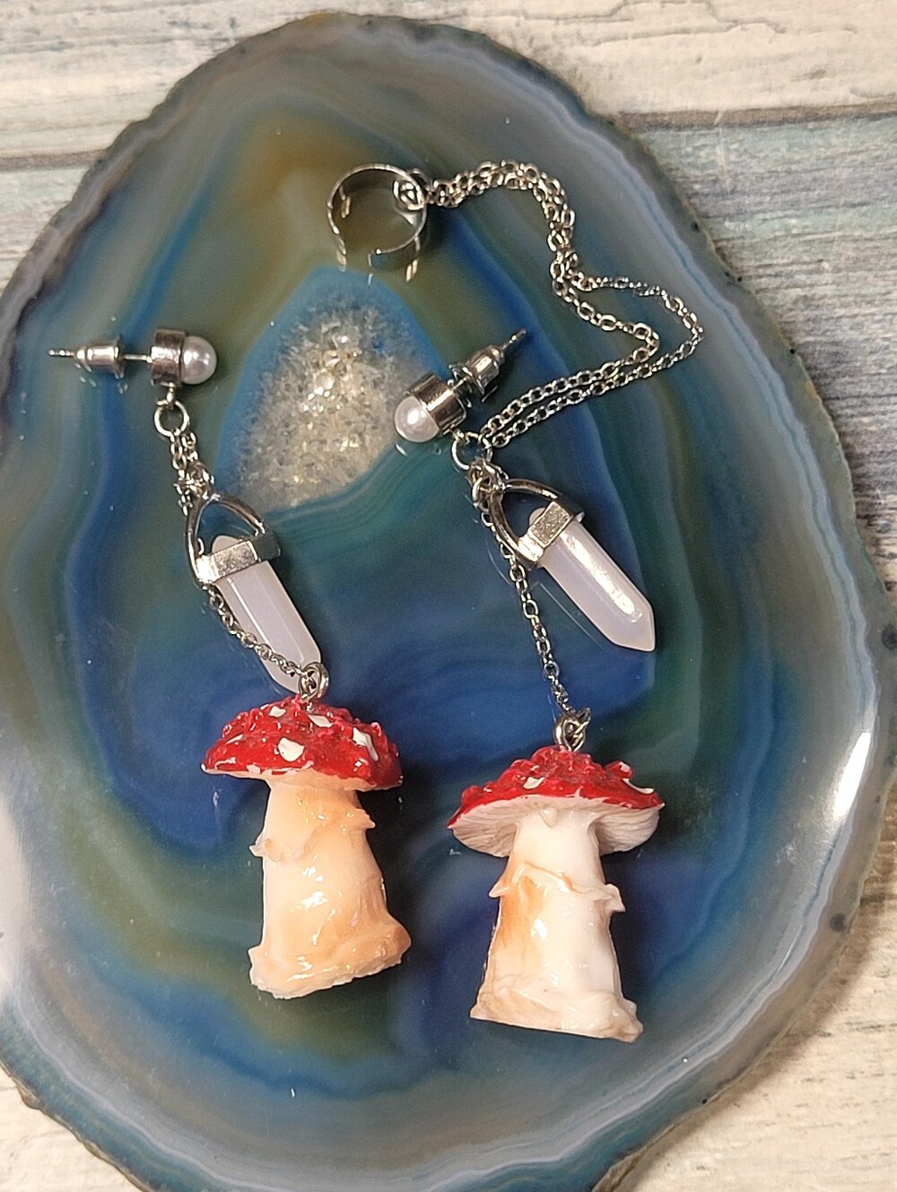 Mushroom Dangle Earrings with Acrylic  White Crystal Accent and cuff Earring.